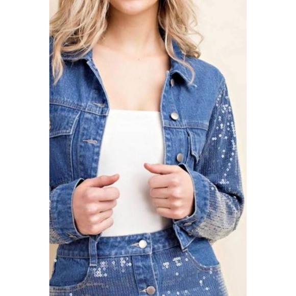 Honey Punch Jackets & Coats New Honey Punch Denim Sequin Jacket In